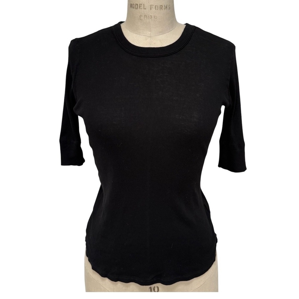 Pharaoh Giada Tee Womens S Black Supima Cotton Ribbed Elbow Sleeve Crew Neck USA